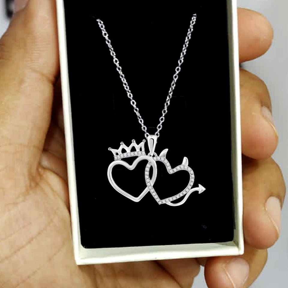 Crown Devil Double Heart Pendant Necklace