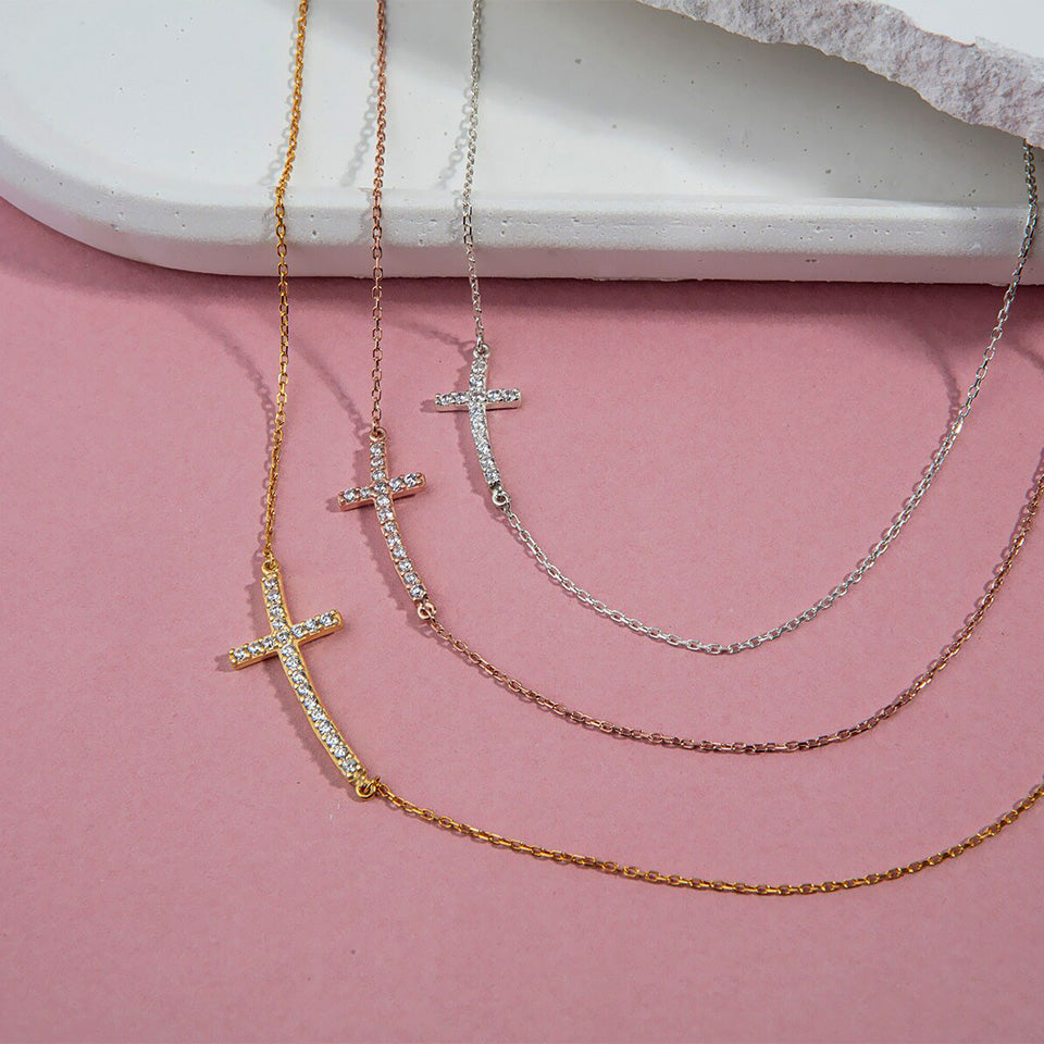 Curved Sideway Cross Pendant Necklace