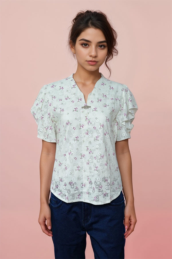 Floral Half Sleeve V Neck Top