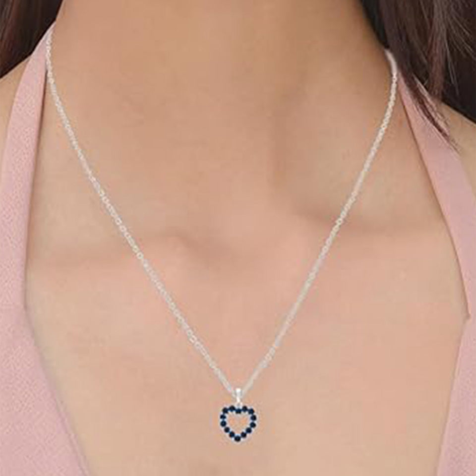 Blue Sapphire Heart Outline Drop Pendant Necklace