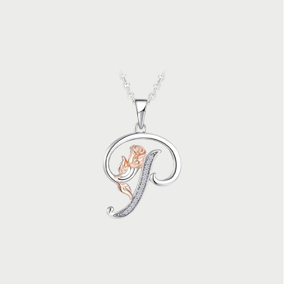 Initial Alphabet Rose Pendant Necklace