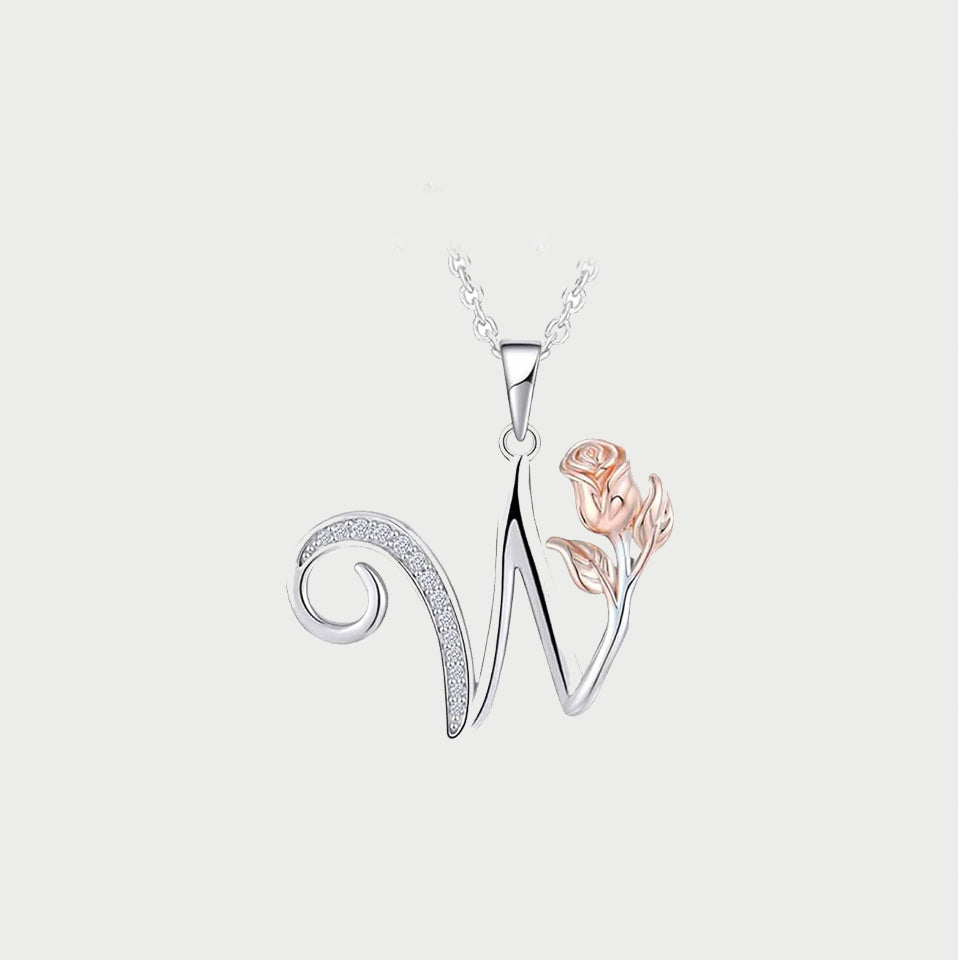 Initial Alphabet Rose Pendant Necklace