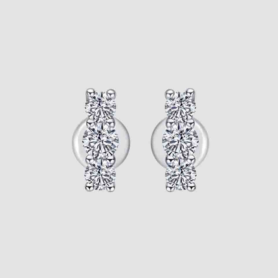 Three Stone Moissanite Diamond Bar Stud